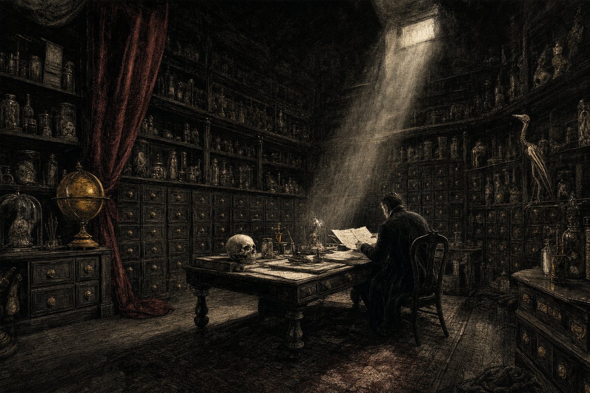 A dim chamber of curiosities lined with drawers and specimen jars