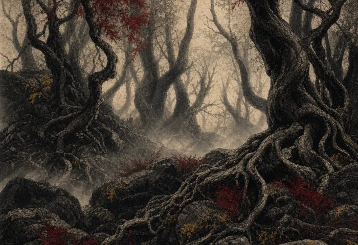 The misted forest of Aokigahara over black volcanic rock