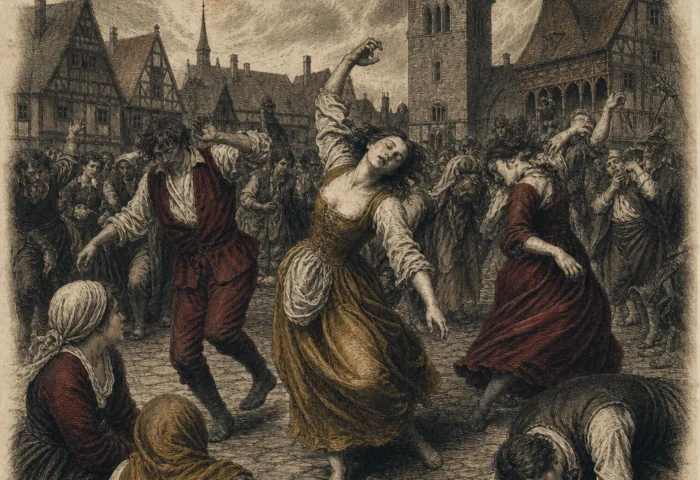 A crowd caught in the dancing mania of 1518