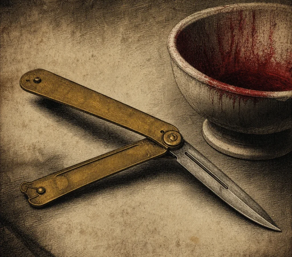 An antique barber-surgeon bloodletting lancet on parchment