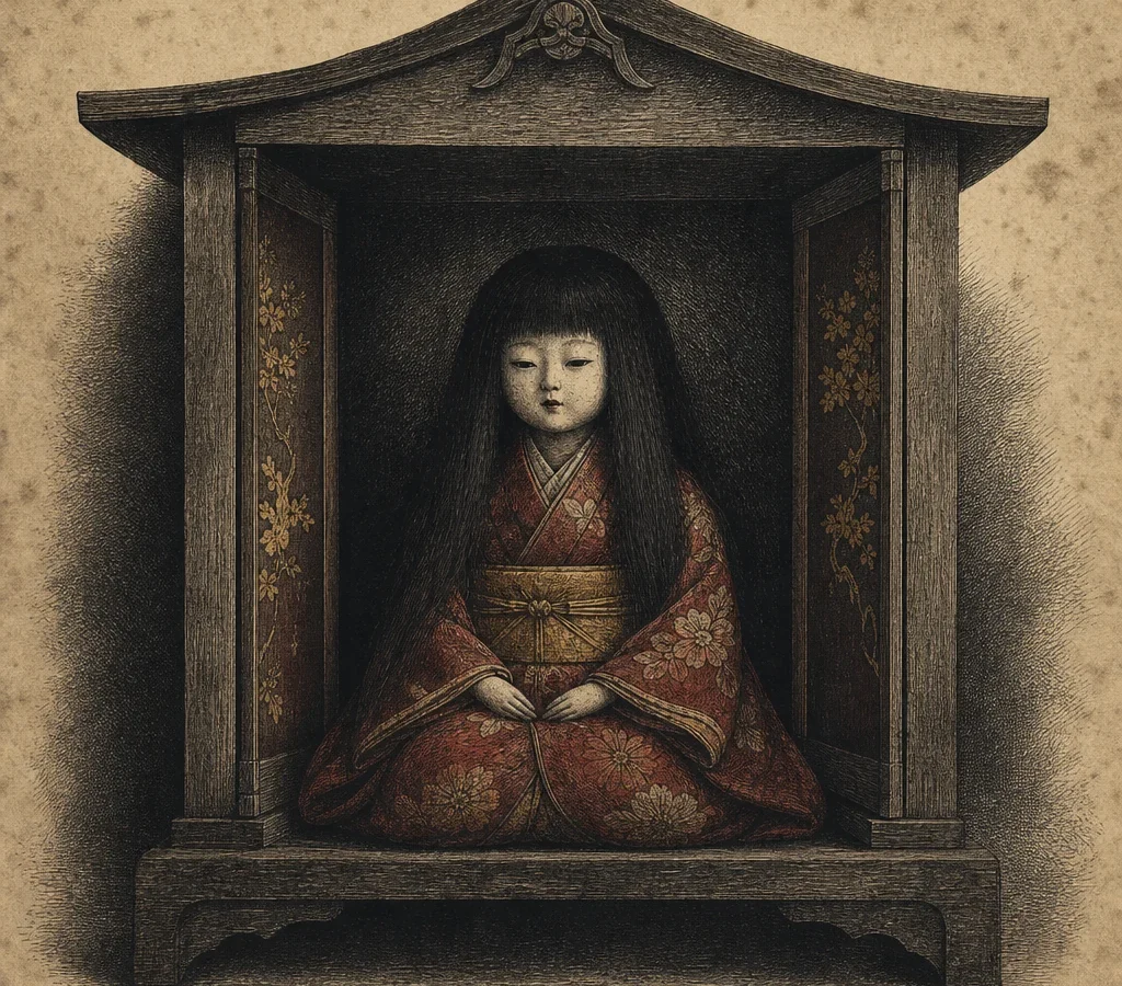 The Okiku doll with long dark hair in a wooden temple case
