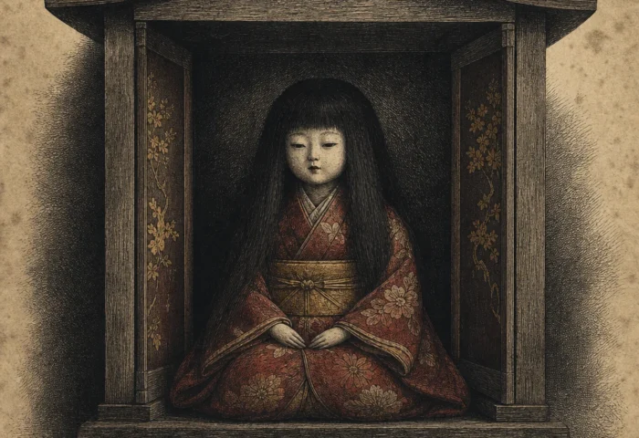The Okiku doll with long dark hair in a wooden temple case
