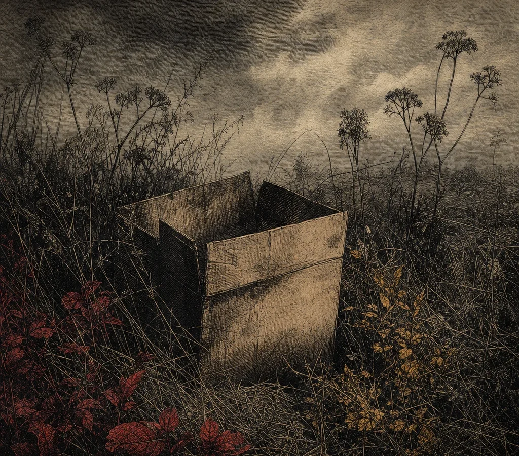 A weathered carton in roadside weeds, an unsolved-case scene
