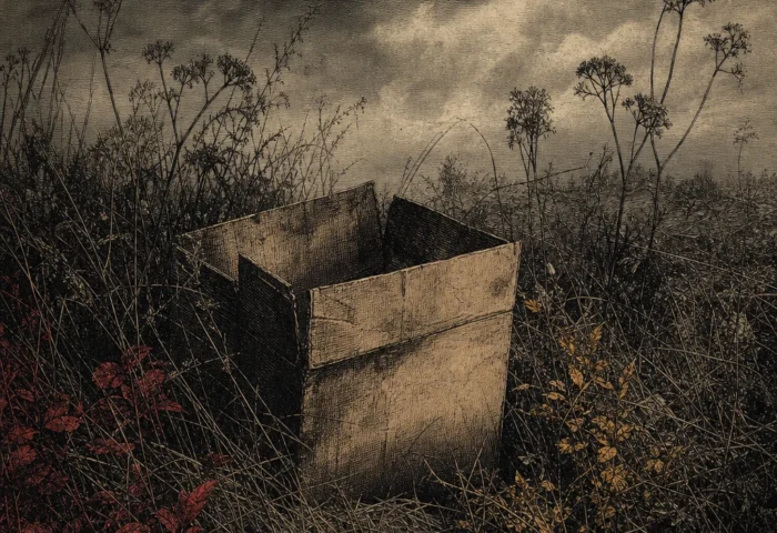 A weathered carton in roadside weeds, an unsolved-case scene