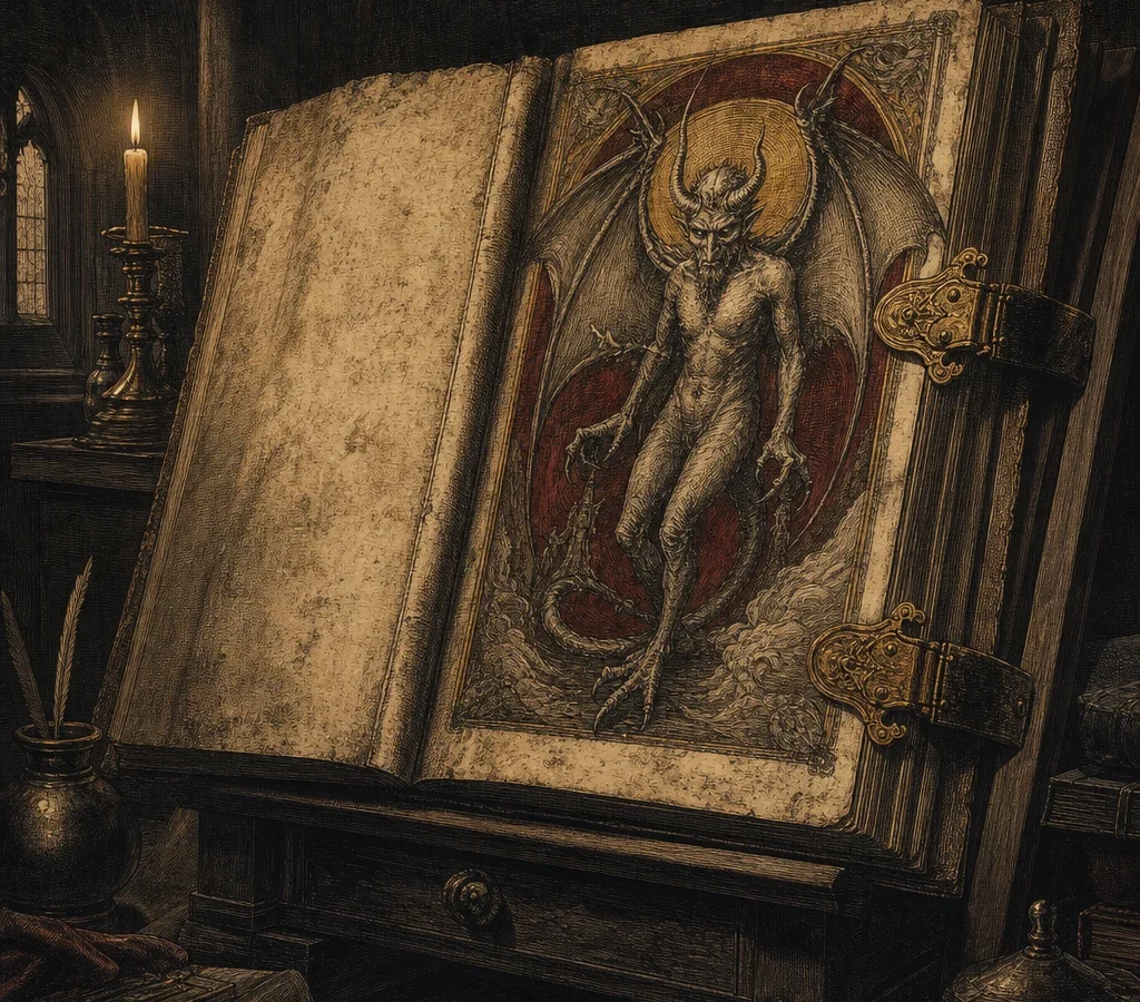 The Codex Gigas open on a lectern in a candlelit scriptorium