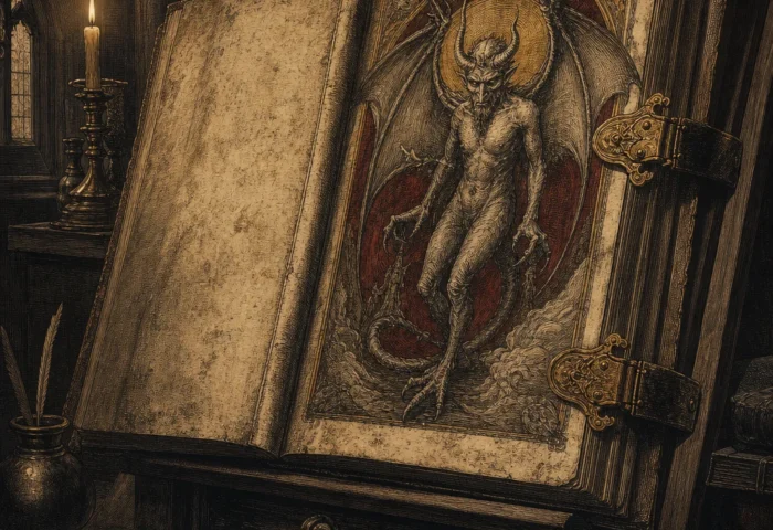 The Codex Gigas open on a lectern in a candlelit scriptorium