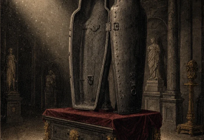 An iron maiden device displayed as a museum curiosity