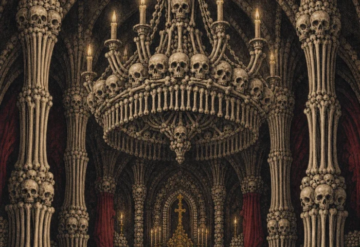 The bone chapel of Sedlec, its chandelier and pillars fashioned from human bones